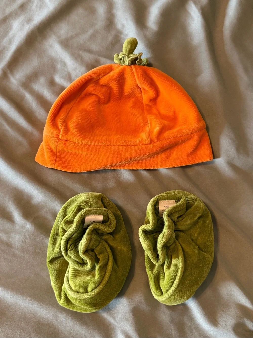 Talbots Orange Pumpkin One-Piece with Green Trim with Matching Booties and Hat